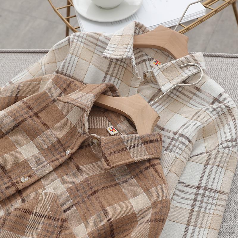 Z Woolen Plaid Shirt Women's Autumn and Winter New Retro Hong Kong Style Top Loose and Versatile Outer Wear Thickened Lining