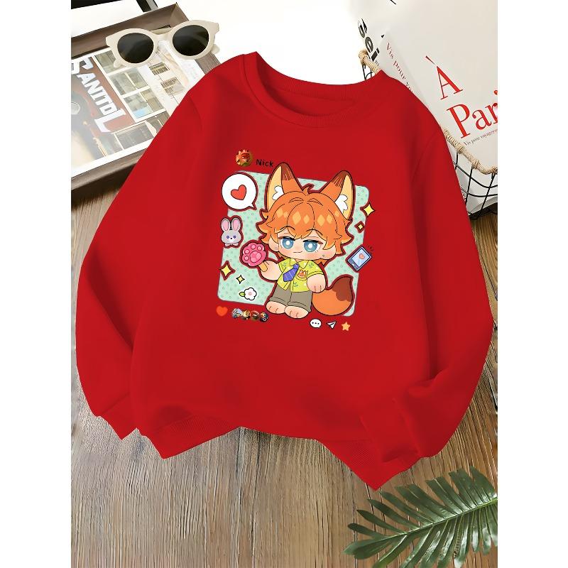 Kids Unisex Crewneck Sweatshirt, Cute Cartoon Fox Nick Rabbit Heart Print Long Sleeve Pullover, Soft Kids Sweatshirt For Boys Girls Over 4 Years Old