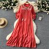 Elegant Retro Lace Up Summer Dress for Women A Line Ruffle Lantern Sleeve Loose Vacation Sweet O Neck Dresses