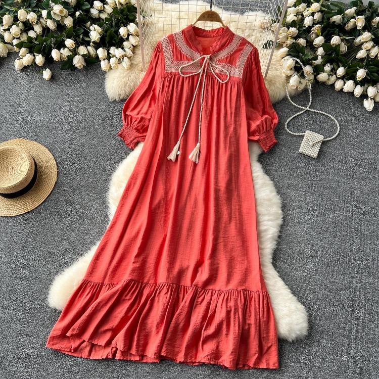 Elegant Retro Lace Up Summer Dress for Women A Line Ruffle Lantern Sleeve Loose Vacation Sweet O Neck Dresses