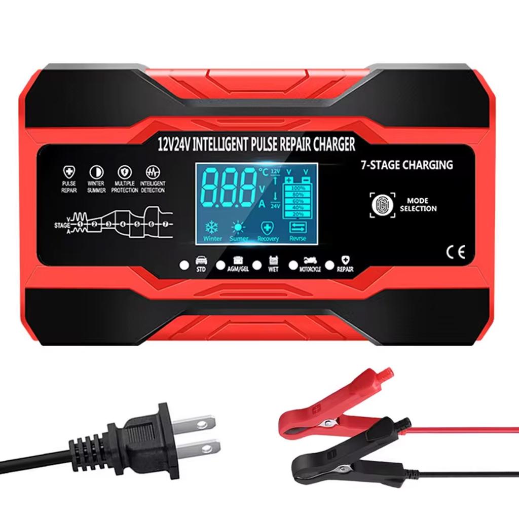 Car Battery Charger Full Auto Motorcycle 12V 24V Pulse Repair LCD Display Smart Fast Charge AGM Deep Cycle GEL Lead-Acid Charger