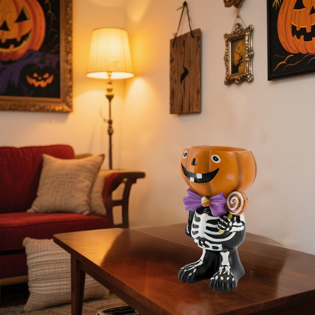 Halloween Resin Pumpkin Snack Jar, 11.02 Inches High, Halloween Pumpkinsculpture Statue Holding Lollipop, Snack Jar, Halloween Snack Jar