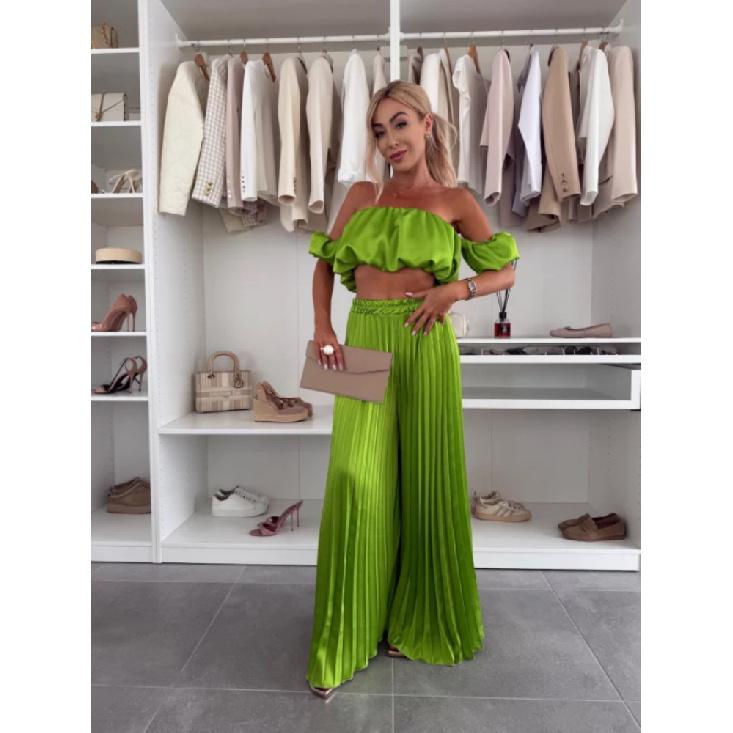 

Элегантный однотонный комплект из жилета с длинным рукавом и плиссированных брюк для лета, новинка для женщин, модный и стильный наряд S зелёный