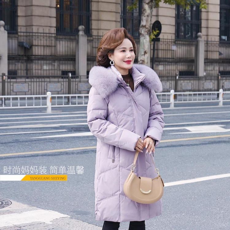 Elegant Vintage Women Down Coat Puffer Jacket Real Fur Collar Thick Warm Winter Plus Size Outerwear Middle Age Long Prakas