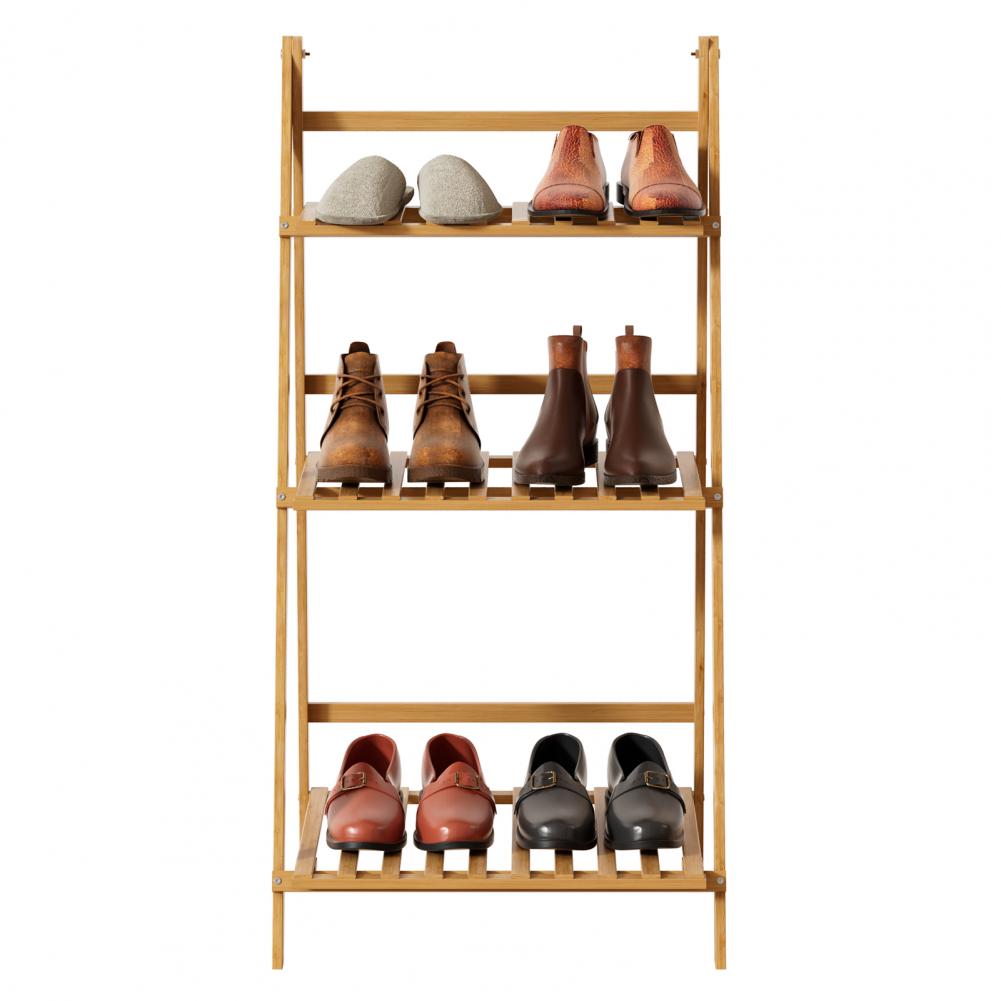 Natural Bamboo 3-Tier Ladder Plant Shelf Foldable Display Rack Sturdy Space Saving for Indoor Outdoor Balcony Flower Pot Decor