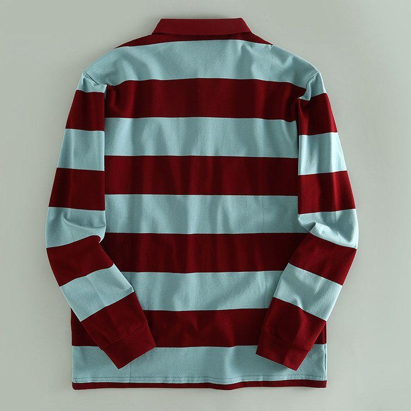 Polo da uomo a maniche lunghe con ricamo a righe, elegante top business casual, eccedenza di esportazione