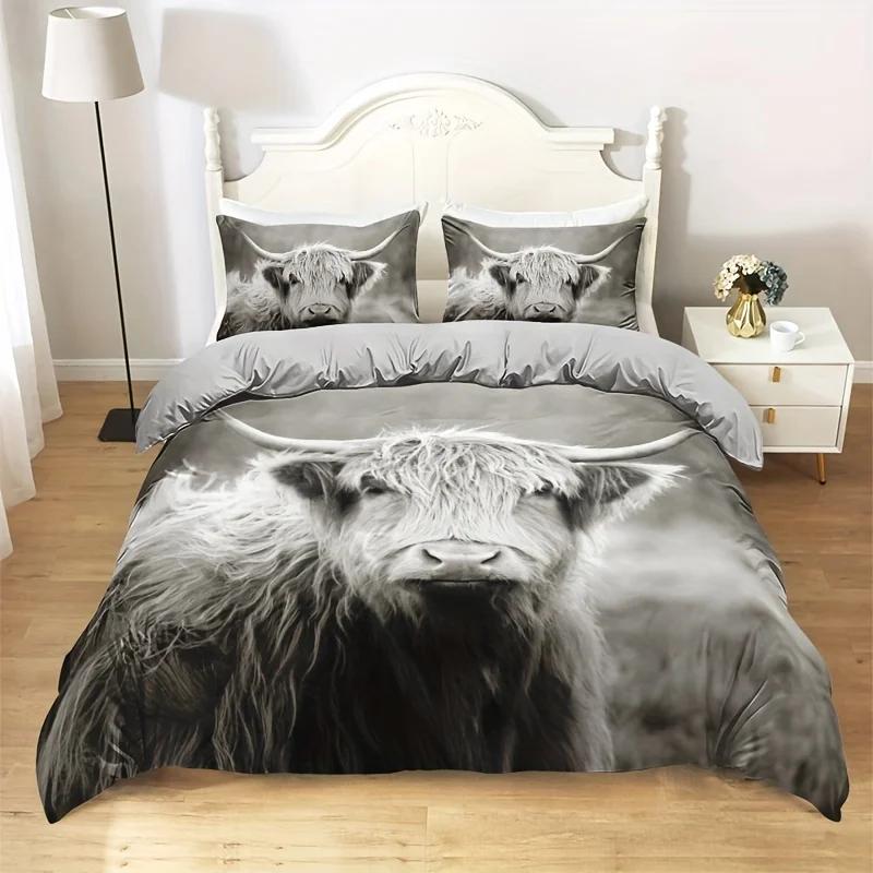

2/3PCS Highland Cow King Size Bedding Set Digital Print Duvet Cover with Pillowcase Fashion Field Style Home Decor for Bedroo US Twin(172x218cm)