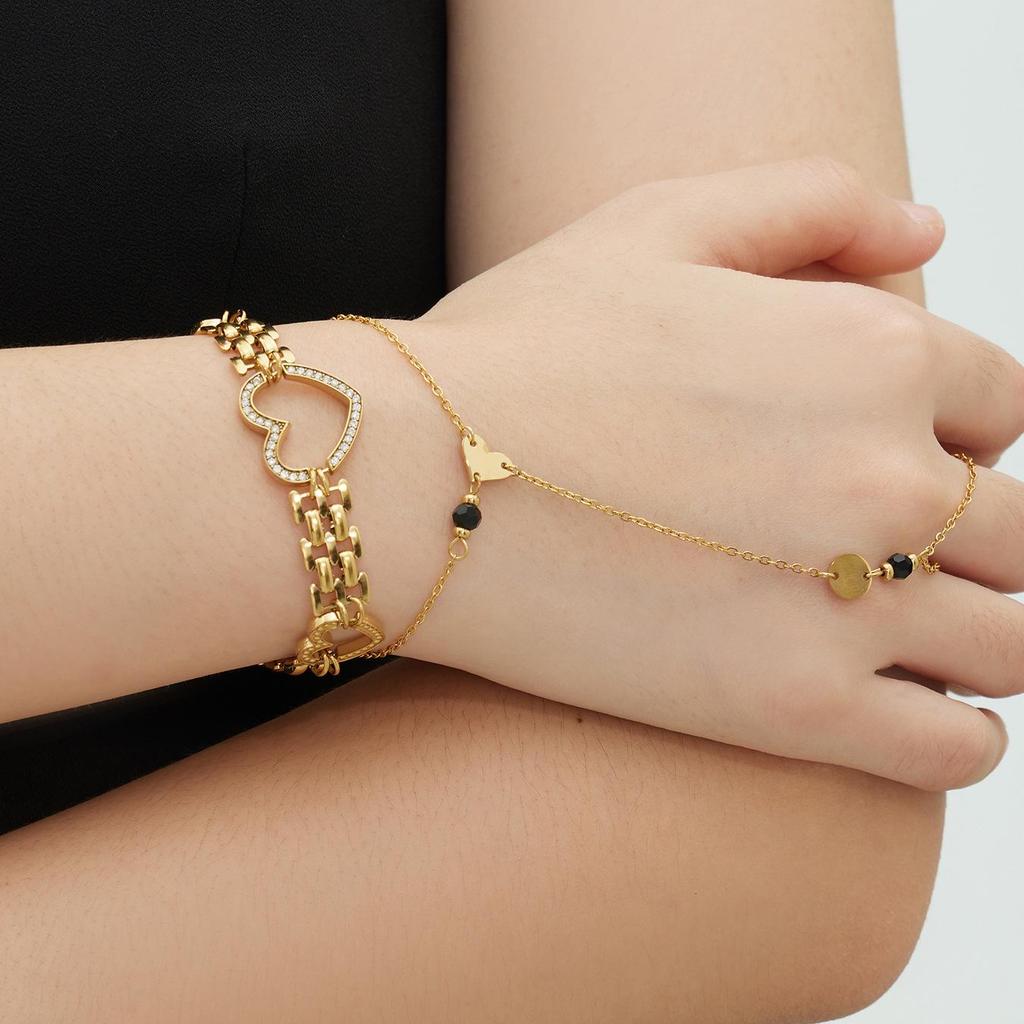 18K Gold-Plated Stainless Steel Heart Watch Strap & Natural Stone Ring Set with Cubic Zirconia