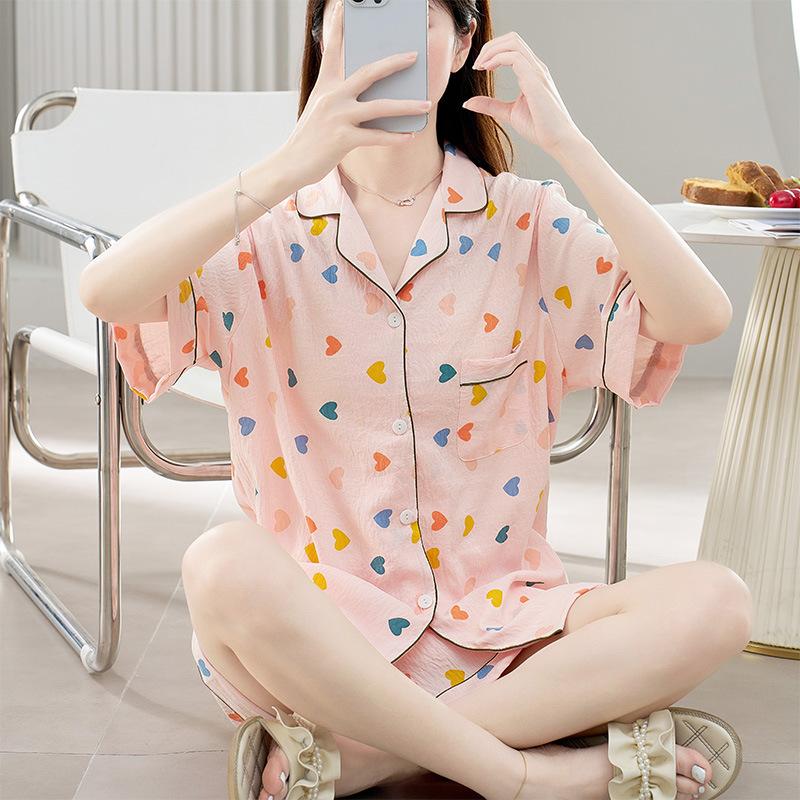 Summer fashion high-end pajamas printed short-sleeved shirts pajamas are comfortable and can be worn at home