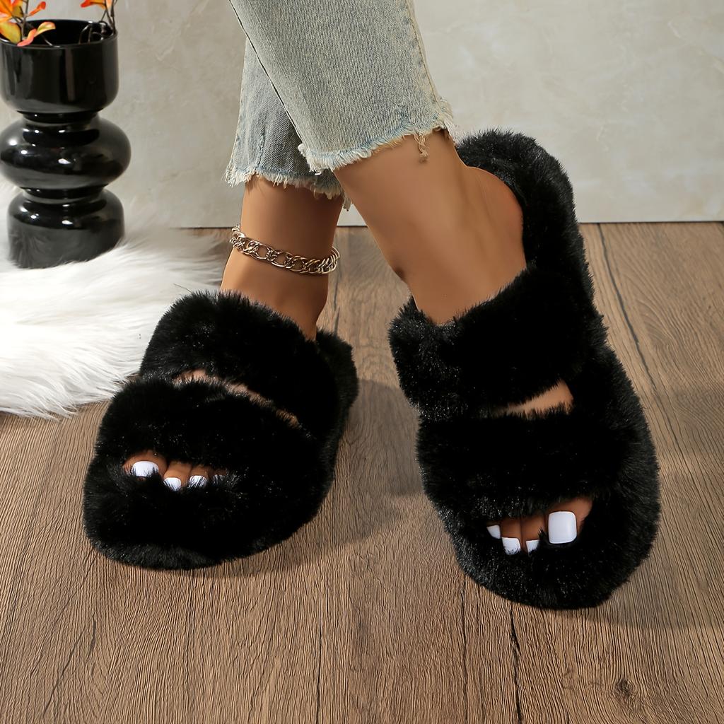 Cozy Plush Faux Fur Slippers with Single Strap and Thick Sole for Indoor Warmth