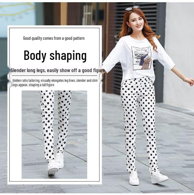 Plus Size Polka Dot Floral Print Slimming Pants: 2025 Summer Elastic Long Pants