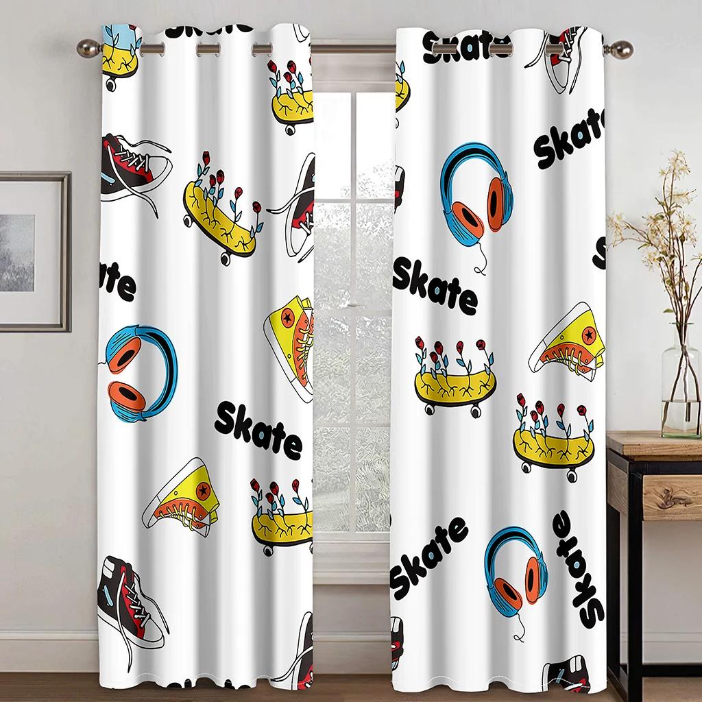 

Скейтборд Модные простые узоры плотные затемняющие шторы подходят для семейных штор в гостиной и детской спальне Новинка W55 X H120cm X 2&Grommet Top