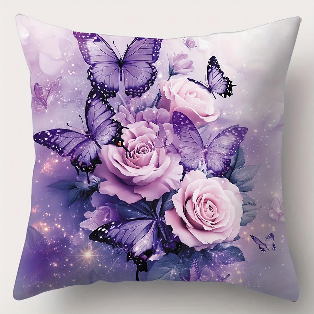 Purple Butterflies And Pink Roses Printed Cushion Covers Polyester pillowcase, sofa decorative cushion cov Headboard Pillow