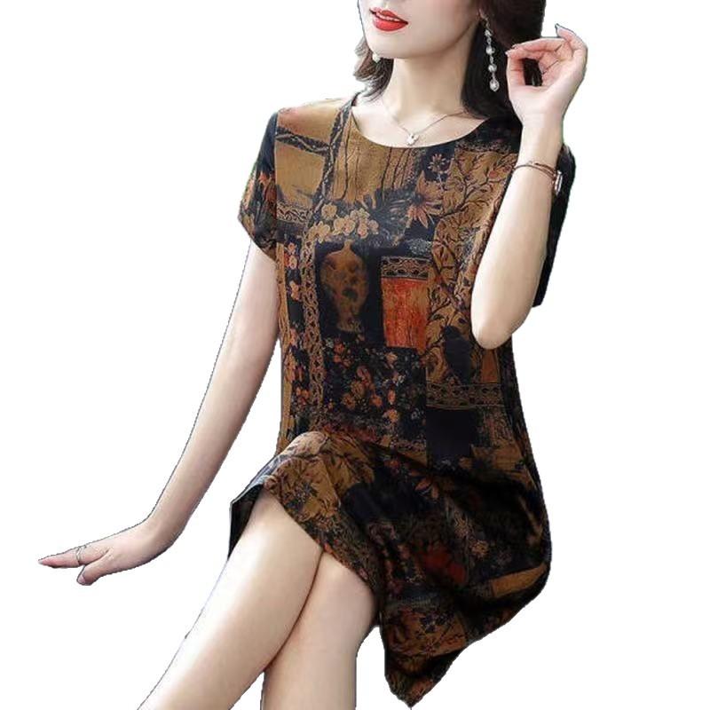 Summer new ice silk printing dress medium and long short-sleeved loose mulberry silk mother dress