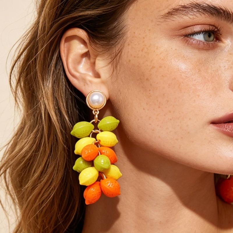 Statement Drop Earrings with Round Bead Look Top, Colorful Lightweight Jewelry for Vacation Styling and Party Looks