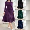 Women's Solid Long Sleeve Round Neck Ruffle Hem Midi Dress