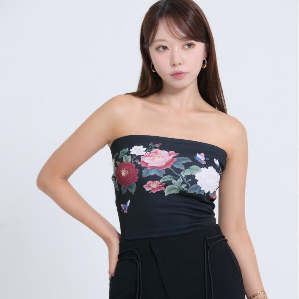 Korean Traditional Pattern Graphic Tube Top [Peony Butterfly Painting)