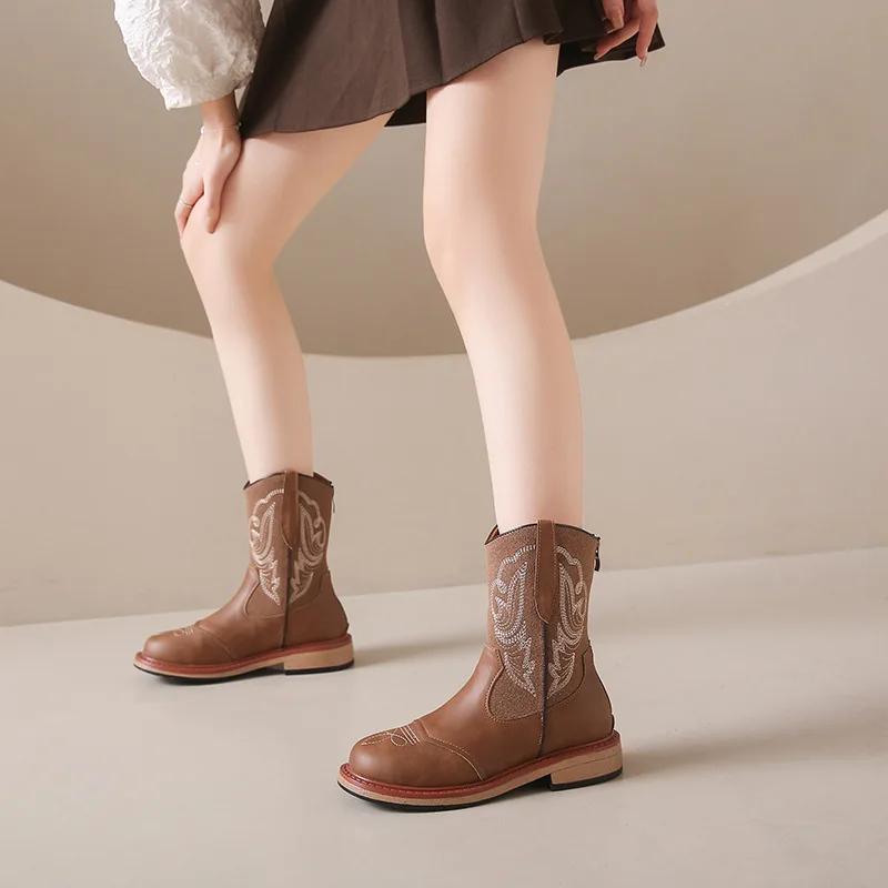 

Модные новые вышитые кожаные ковбойские ботильоны для женщин Осень Зима Модные повседневные женские ботинки челси на мягкой подошве 35