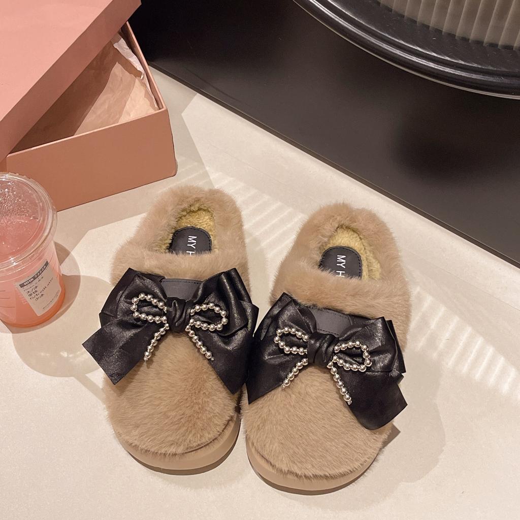 Schleife 2025 Herbst und Winter neue Damen Winter Indoor Zuhause weiche Sohle rutschfest warm Plüsch dicke Sohle Baumwollpantoffeln