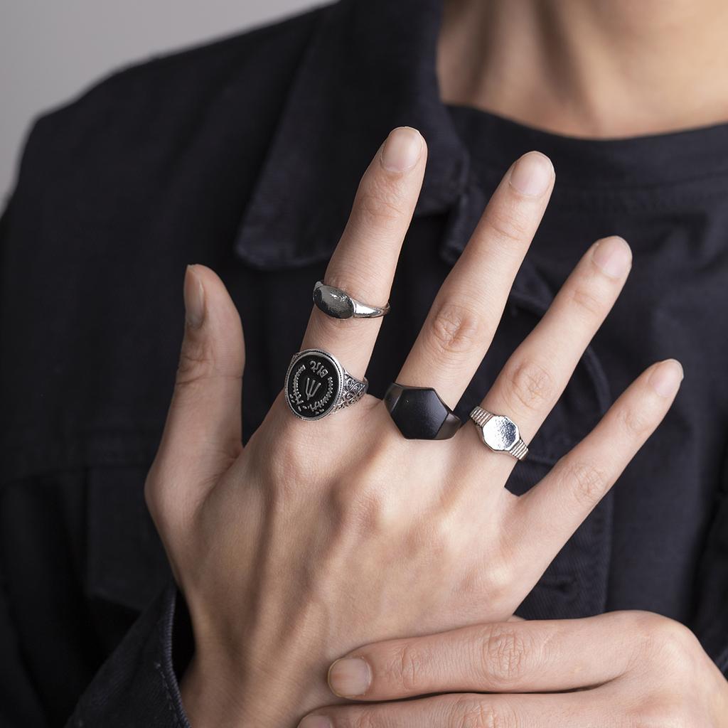 KunJoe 5pcs/set Men Punk Letter L Signet Brown Stone Ring Set Vintage Rock Hollow Geometric Pearl Black Dripping Oil Jewelry