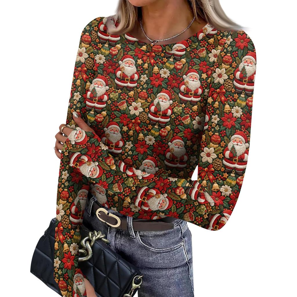 Women's Slim Fit Base Layer T-Shirt, Christmas Print Crewneck Long Sleeve Top with Thumb Holes
