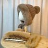 Winter Plush Brown Knitted Lei Feng Hat for Women Double Sided Velvet Warm Ear Protection Hat Versatile and Sweet Pullover