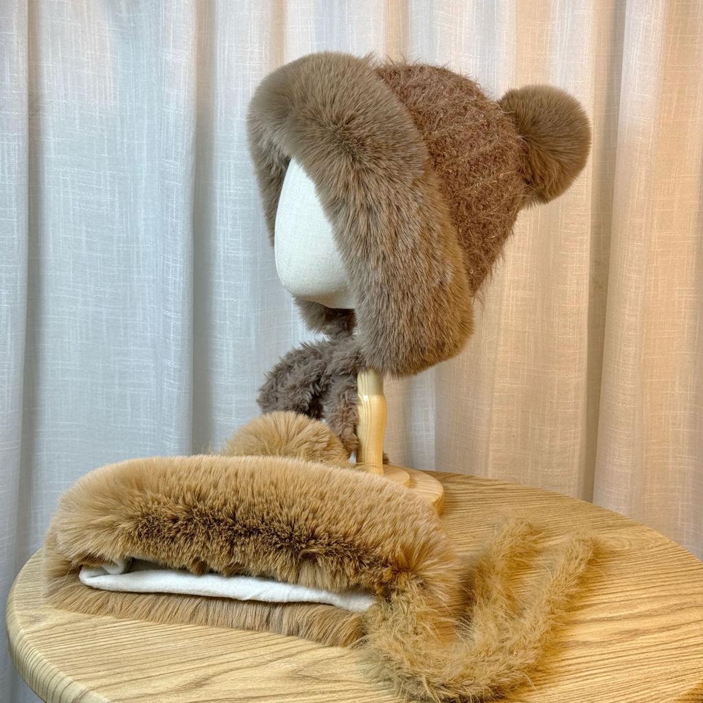 Winter Plush Brown Knitted Lei Feng Hat for Women Double Sided Velvet Warm Ear Protection Hat Versatile and Sweet Pullover