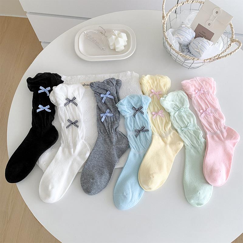 

Spring and Summer Checkered Small Bow, Colorful Lace, Mid-tube Pile Socks, Cute Lolita Cotton Socks for Girls 1 pair рожевий