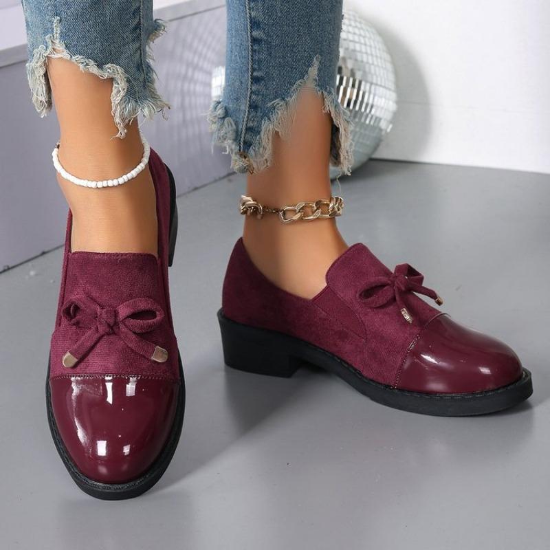Women's Burgundy Bow Loafers Chunky Heel Slip-On Shoes Retro Two-Tone Dress Shoes