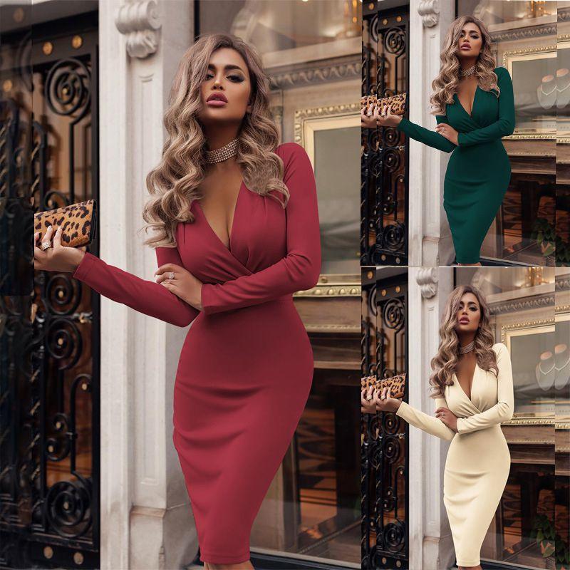 Neck Women V Long Sleeve Bodycon Sexy Dress Ladies Casual Evening Clubwear Party