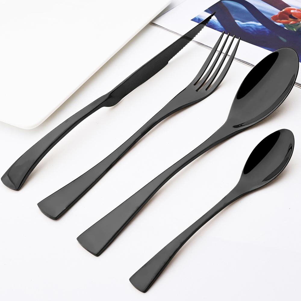 24pcs Black 304 Stainless Dinnerware Set Sharp Steak Knife Fork Coffee Spoon Cutlery Set Stainless Steel Flatware Silverware Kitchen Tableware