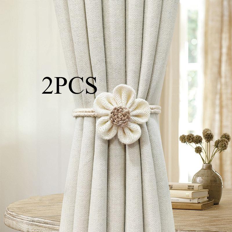 2PCS.Luxury Flower Linen Curtain Tiebacks (Pair), Adjustable Cottagecore Straps, Cute Decor for Sheer/Thick Curtains