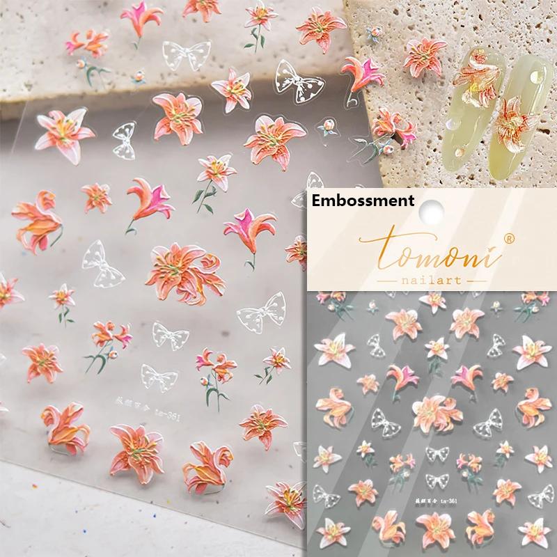 Yellow Green Pink Gradient Polarized Lilies Semi Translucent Jelly 3D Self Adhesive Nail Art Stickers Flowers Manicure Decals