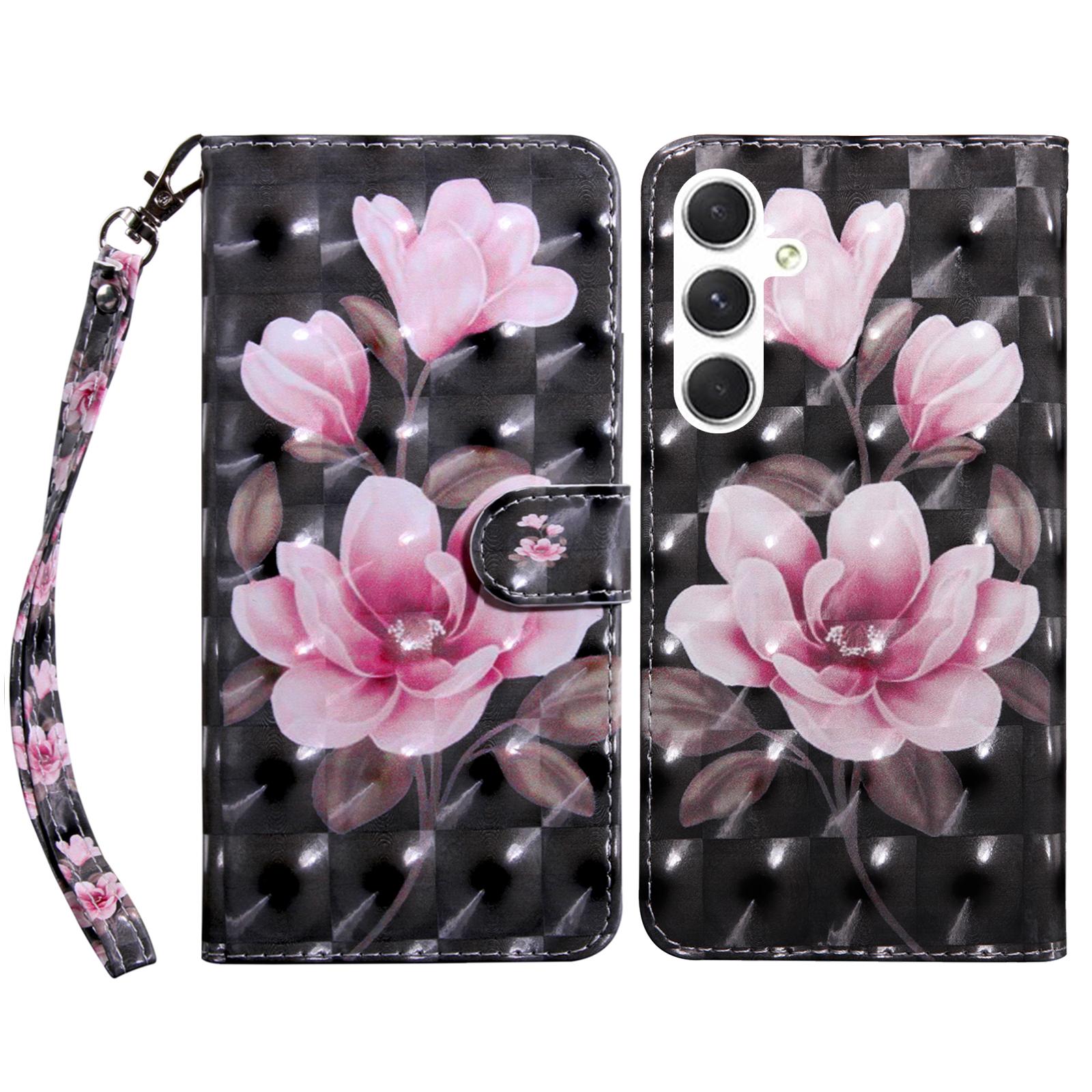 

For Samsung Galaxy S24 Leather Case 3D Pattern Printing Phone Stand Cover Pink Flower