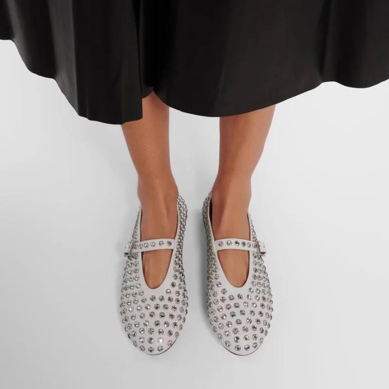 Dámské nové jednobarevné boty s nýtky z kamínků Dámské 2025 Kulatá špička Dutá přezka na opasku Pohodlné ploché taneční baletky Mary Jane boty