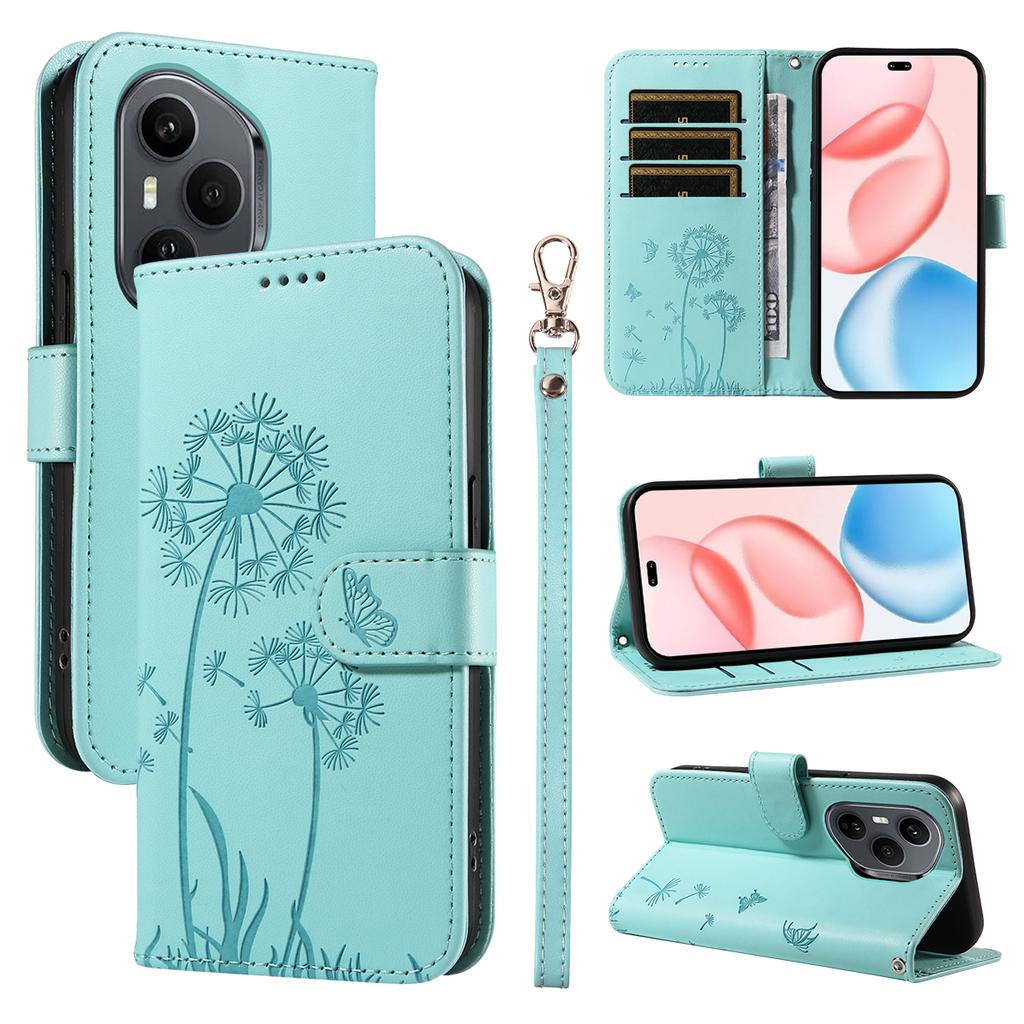 For Honor 400 Pro 5G (Global) Lommebokdeksel i lær med stropp Løvetannavtrykk Telefonstativdeksel