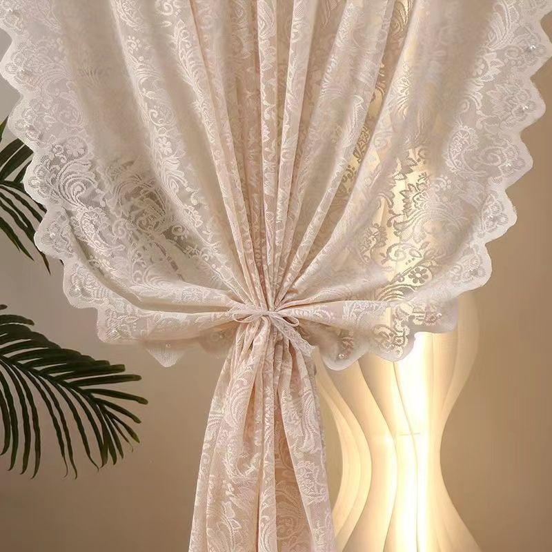 Vintage Lace Curtains  Romantic Semi Sheer Floral Lacy Curtain for Living Room, Elegant Window Drapes for Bedroom with Pearls