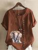 Women's Fashion Elephant Print Casual Cotton Linen Short Sleeve Round Neck T-shirt Shirt Leisure Loose Summer Blouse Tops