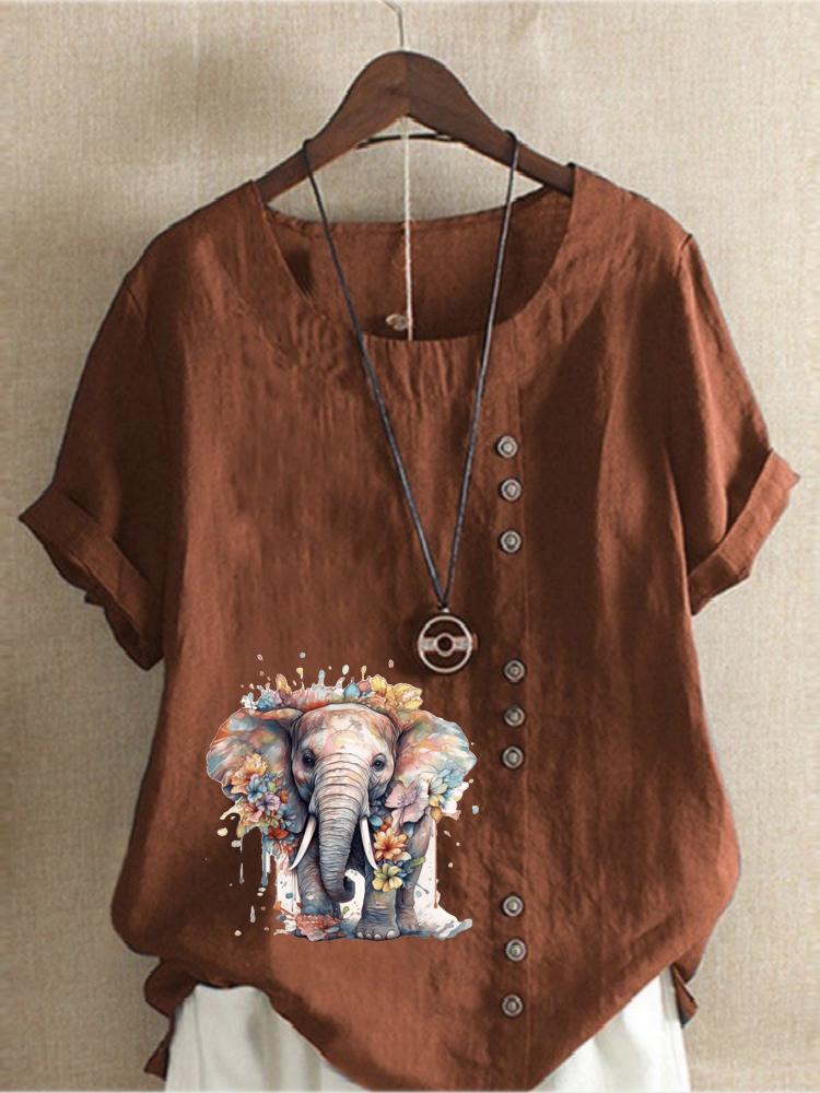 Women's Fashion Elephant Print Casual Cotton Linen Short Sleeve Round Neck T-shirt Shirt Leisure Loose Summer Blouse Tops