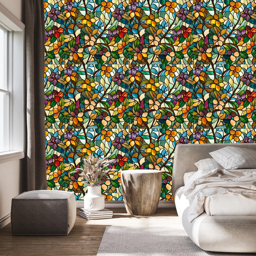 Wallpaper Stained Glass Flowers Gold and Ochre for Living Room and Bedroom 50x1000