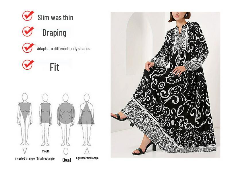 Elegant Long Black Arabic Dress - Women's V-Neck Loose-Fit Islamic Robe with Print