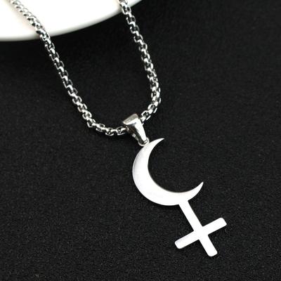 Silver Color Moon Cross Lilith Symbol Pendants Necklace for Women Stainless Steel Charms Astrological Symbol Sign Amulet Jewelry