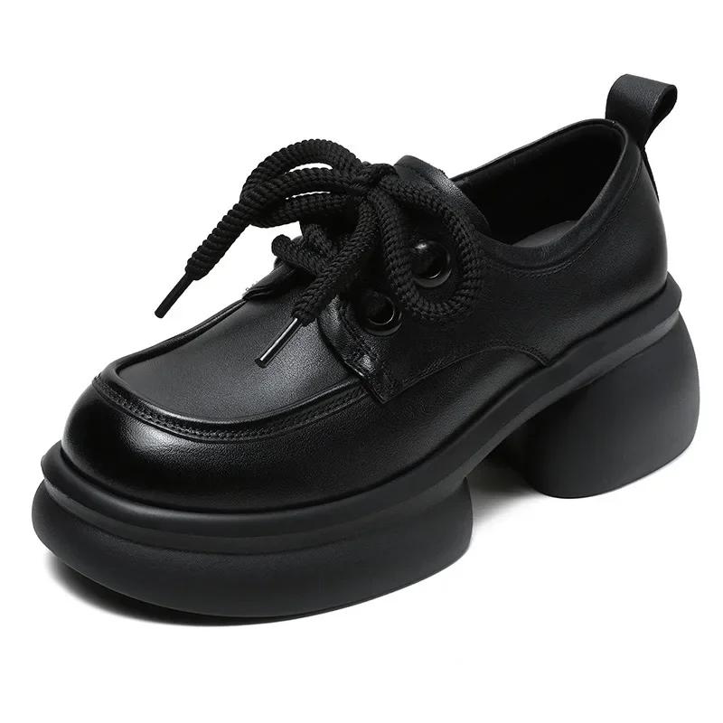 Fashion 6CM Luxury Design Chunky Platform Pumps Women Thick High Heel Genuine Cow Leather Handmade Retro Lace-Up Casual Women Shoes