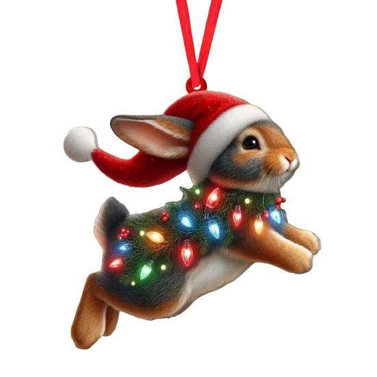 Christmas Ornament Flat 2D Acrylic Lion Wearing Santa Hat Charm Christmas Hanging Ornament with Rope
