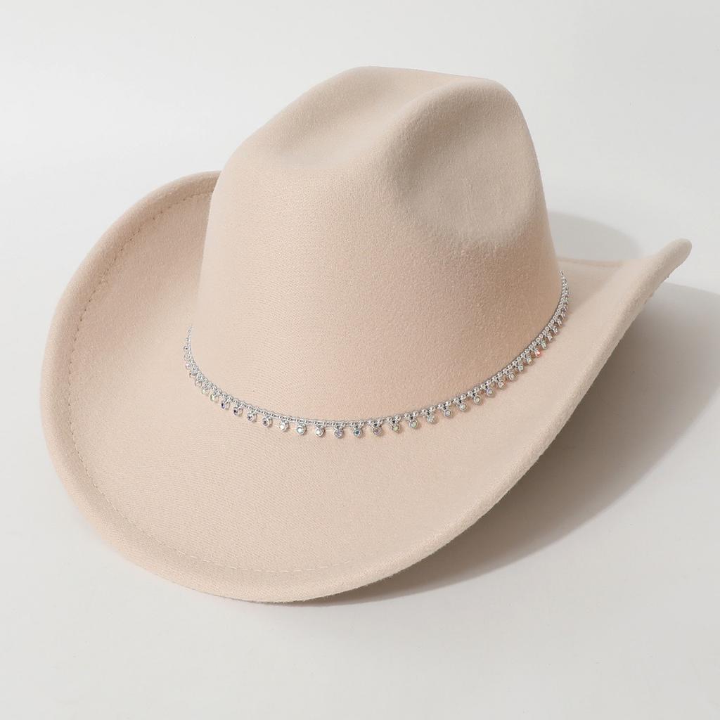 New European and American style flat-top woolen hat, western cowboy hat, unisex hat, equestrian hat with single row of rhinestones