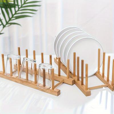 1pc Bamboo Plank Rack, Kitchen Storage Organizer for Plates, Dishes, Bowls, Cups, Pot Lids and Cutting Boards, Multi-functional Bamboo Drying Rack