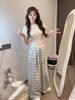 Korean Style Light Blue Plaid Embroidered High-Waisted Wide-Leg Pants