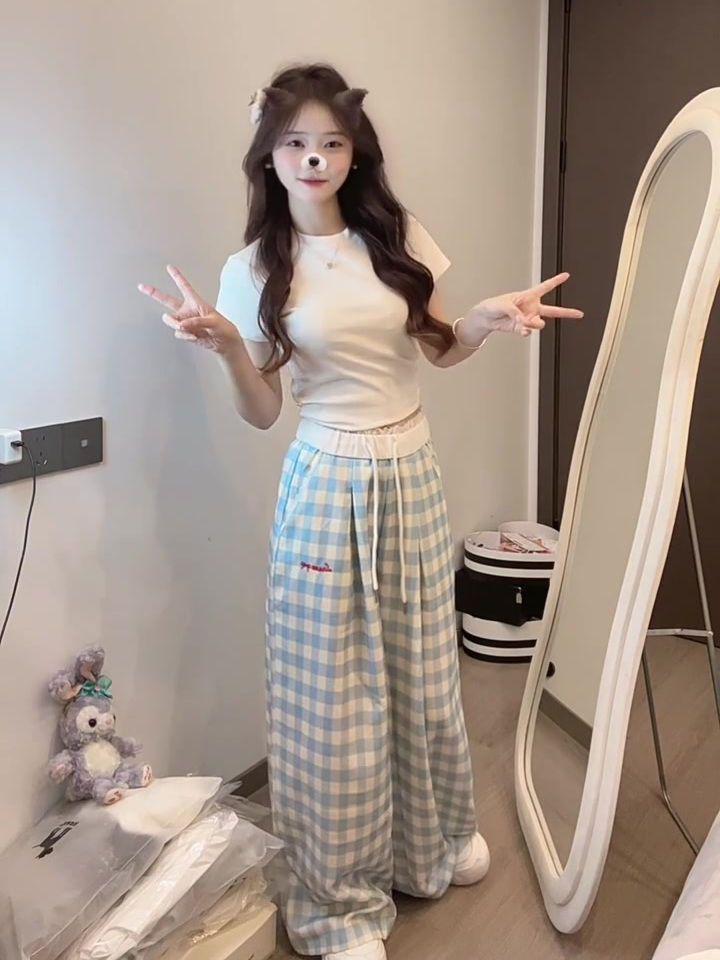 Korean Style Light Blue Plaid Embroidered High-Waisted Wide-Leg Pants