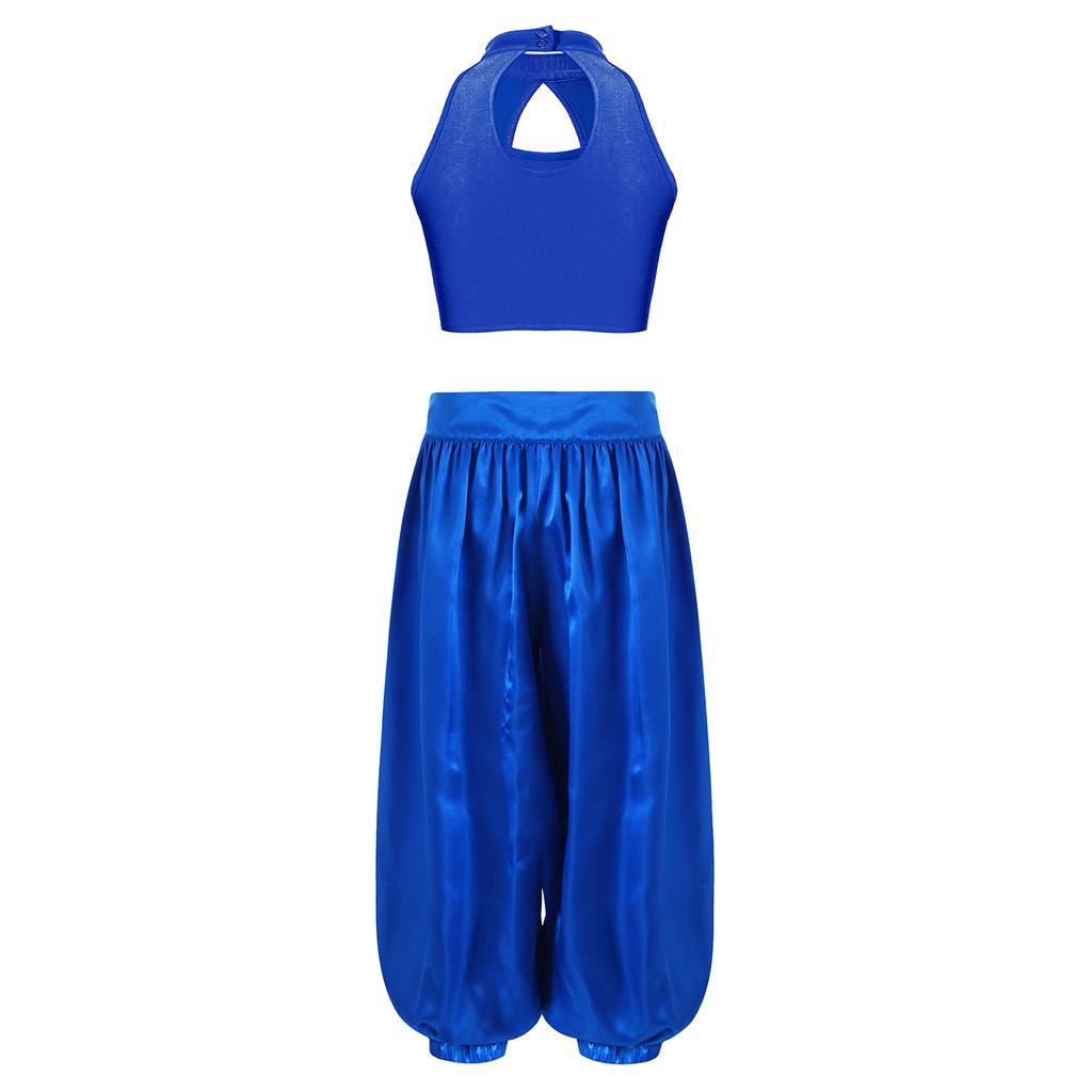 Magdansdräkt för flickor: Mockhals med urringning fram och nyckelhål bak, paljett crop top & vida satinbyxor