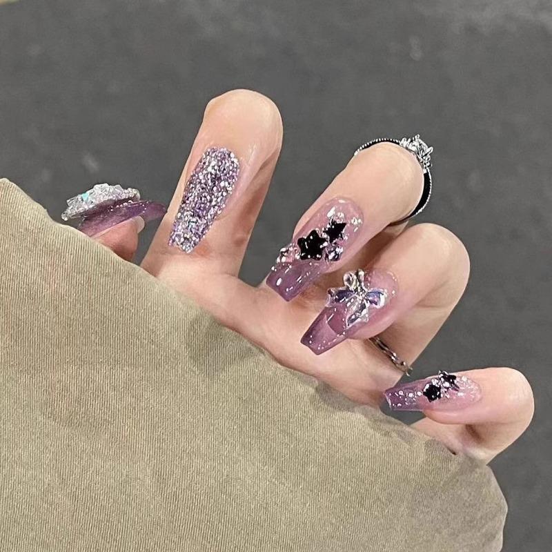 

Носимые средства для ногтей для фототерапии ручной работы, съемные, летняя белая хрустальная бабочка, накладные ногти в студенческом стиле, средней длины